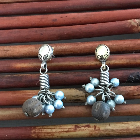 Brighton Dangle Faux Pearl & Wood Bead post Earrings - Picture 1 of 4